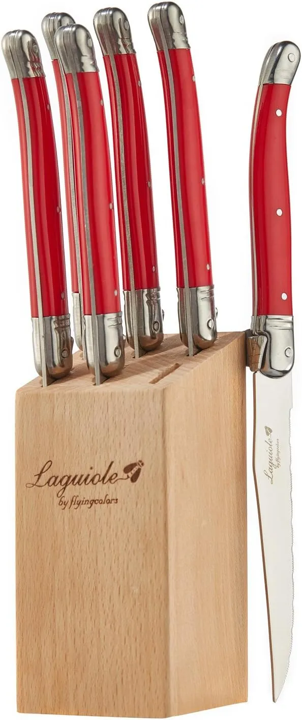 Laguiole By FlyingColors Steak Knife Set, Micro Serrated Blade, Stainless Steel, Wood Block, Red Color Handle, 6 Pieces (Red)