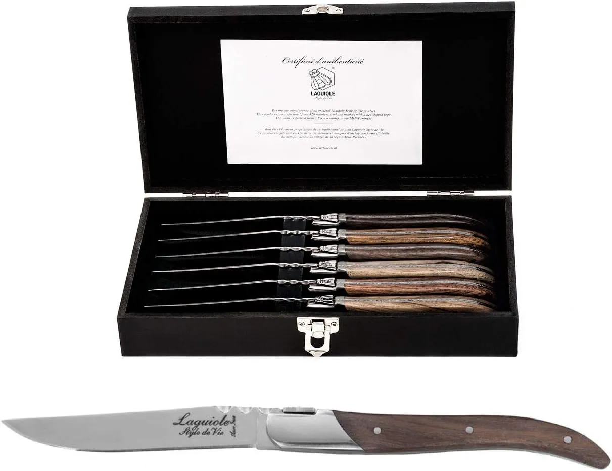 Laguiole Style de Vie Steak Knives, Luxury Line, 6 pieces, Mixed Wood, in giftbox