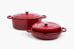 Larder & Vine 4-Piece Enameled Cast Iron Cookware Set: 8 Quart Dutch Oven with Lid, 3.6 Quart Braiser with Lid, Cast Iron Cookware with Oversized Handles, Oven Safe up to 500°F (Cabernet)