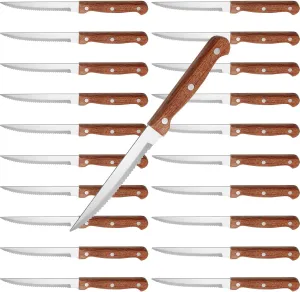 Lasnten 20 Pcs Steak Knives Bulk 9 Inch Stainless Steel Kitchen Knives with Triple Riveted Handle Utility Sharp Serrated Steak Knife Set for Kitchen Restaurant Tableware Camping (Wood Brown)