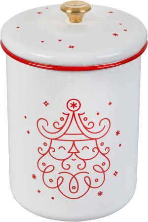Le Creuset Enamel On Steel Noel Collection Cookie Jar, 4.25 qt. (6.3" x 8.3"), White with Cerise Applique and Gold Knob