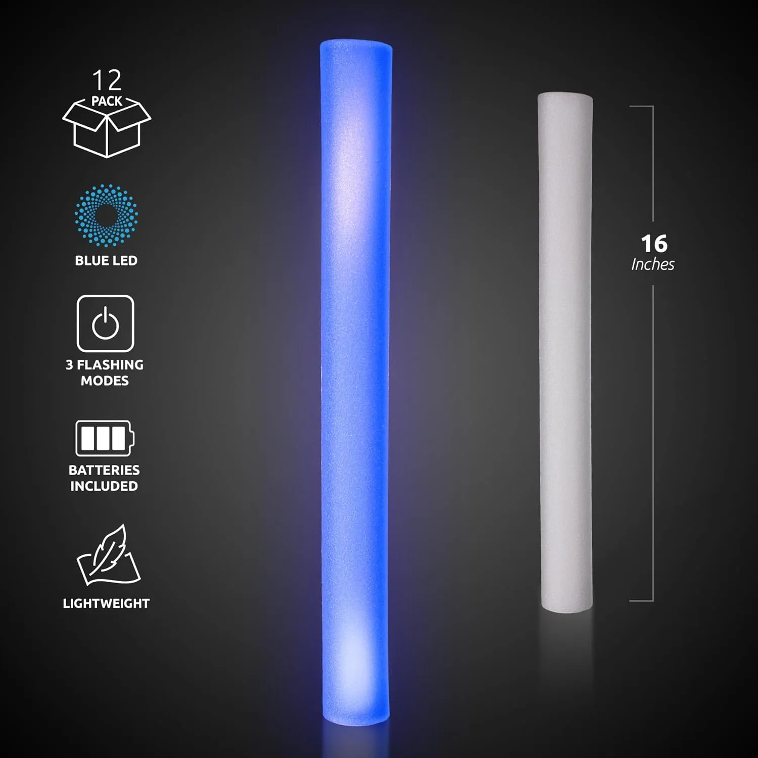 LED Foam Sticks - 12 Pack, 16-Inch, 3 Light-Up Modes For Mardi Gras & St Patricks Day (Blue)