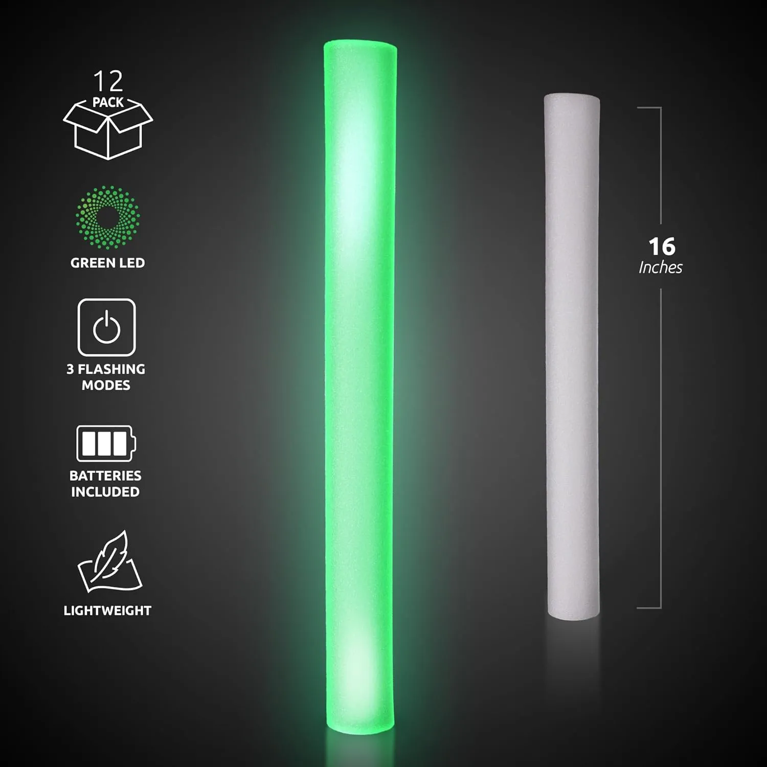 LED Foam Sticks - 12 Pack, 16-Inch, 3 Light-Up Modes for Mardi Gras & St Patricks Day (Green)