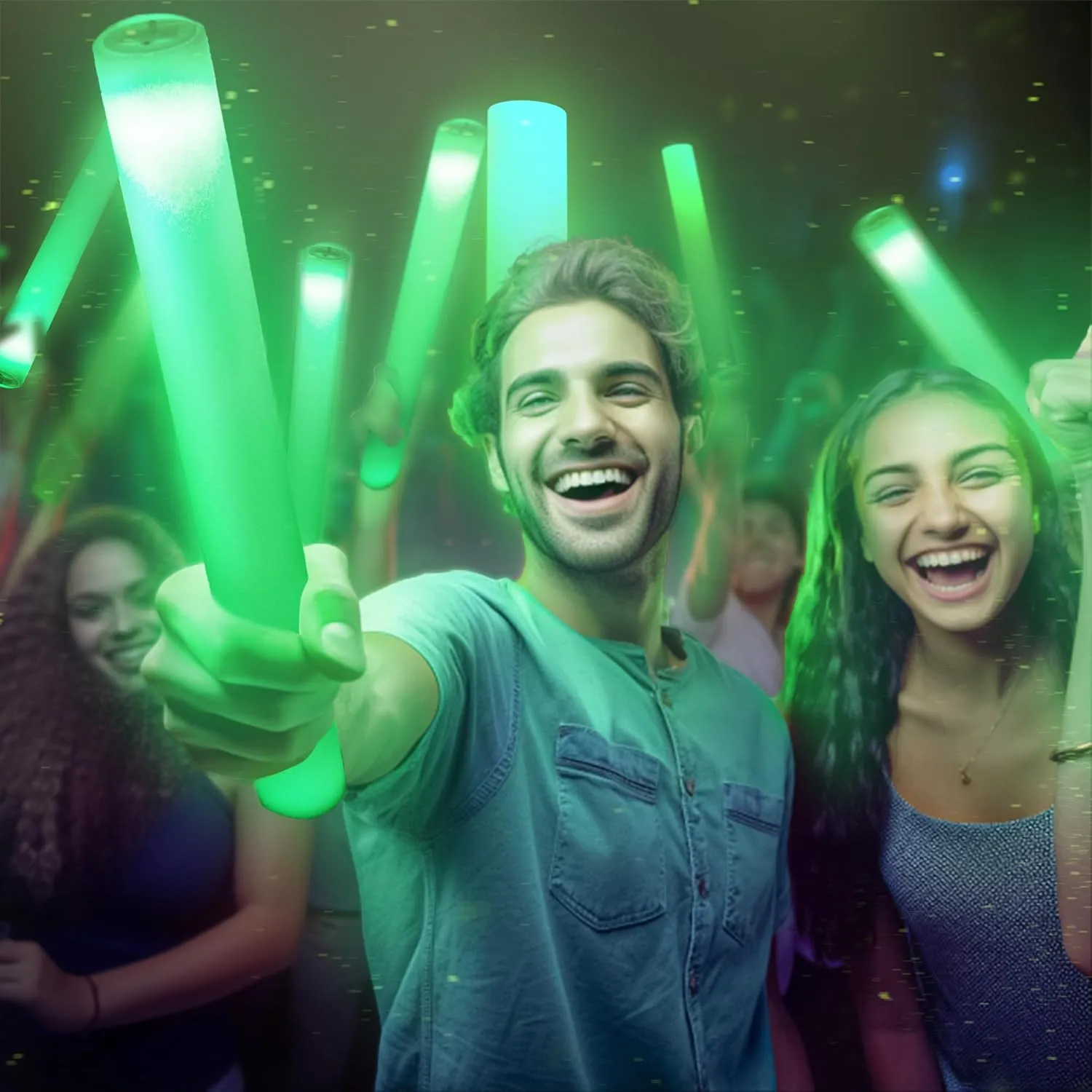LED Foam Sticks - 12 Pack, 16-Inch, 3 Light-Up Modes for Mardi Gras & St Patricks Day (Green)