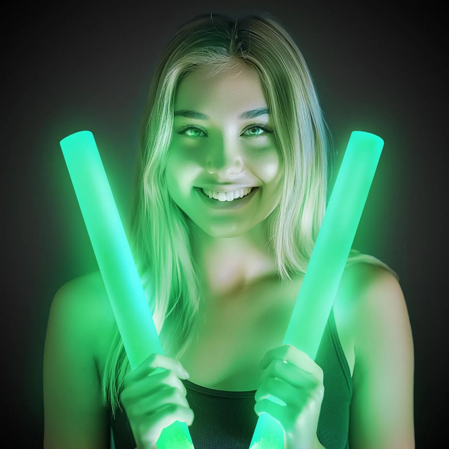 LED Foam Sticks - 12 Pack, 16-Inch, 3 Light-Up Modes for Mardi Gras & St Patricks Day (Green)