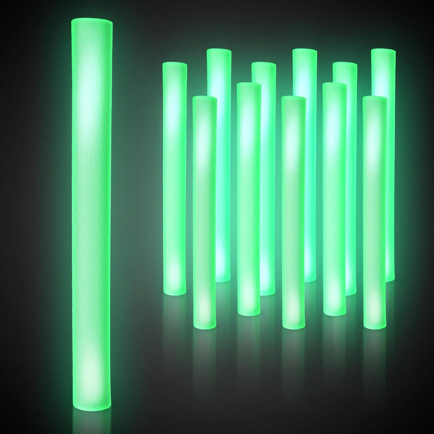 LED Foam Sticks - 12 Pack, 16-Inch, 3 Light-Up Modes for Mardi Gras & St Patricks Day (Green)