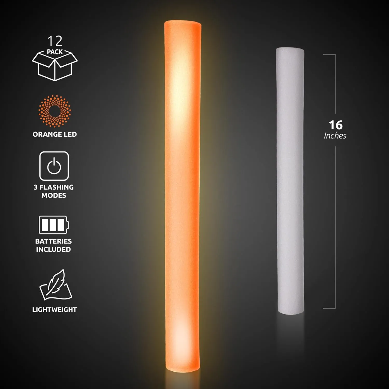 LED Foam Sticks - 12 Pack, 16-Inch, 3 Light-Up Modes For Mardi Gras & St Patricks Day (Orange)