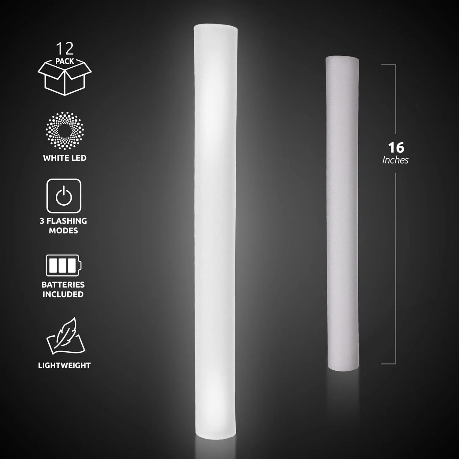 LED Foam Sticks - 12 Pack, 16-Inch, 3 Light-Up Modes For Mardi Gras & St Patricks Day (White)