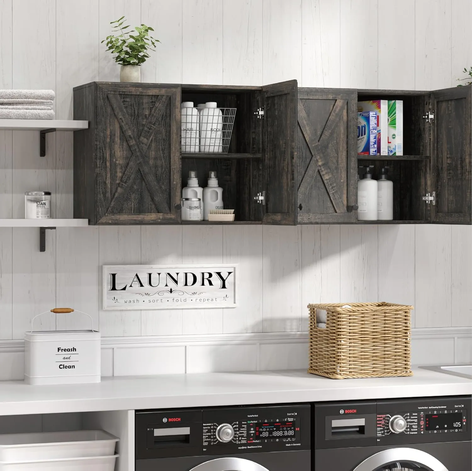 LED Laundry Wall Cabinets - Farmhouse Kitchen Wall Amount Storage Cabinets with Doors and Shelves, One Set of 2 Pieces