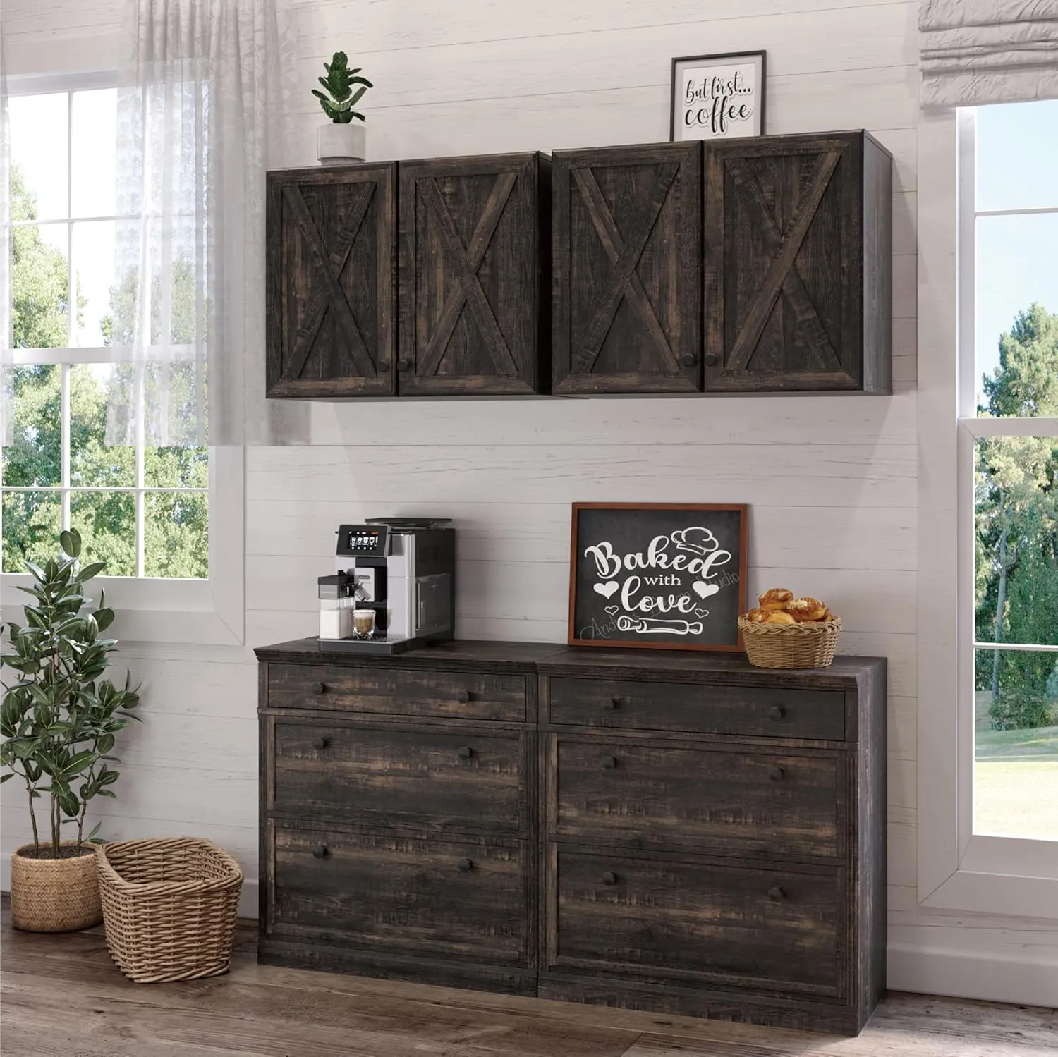 LED Laundry Wall Cabinets - Farmhouse Kitchen Wall Amount Storage Cabinets with Doors and Shelves, One Set of 2 Pieces