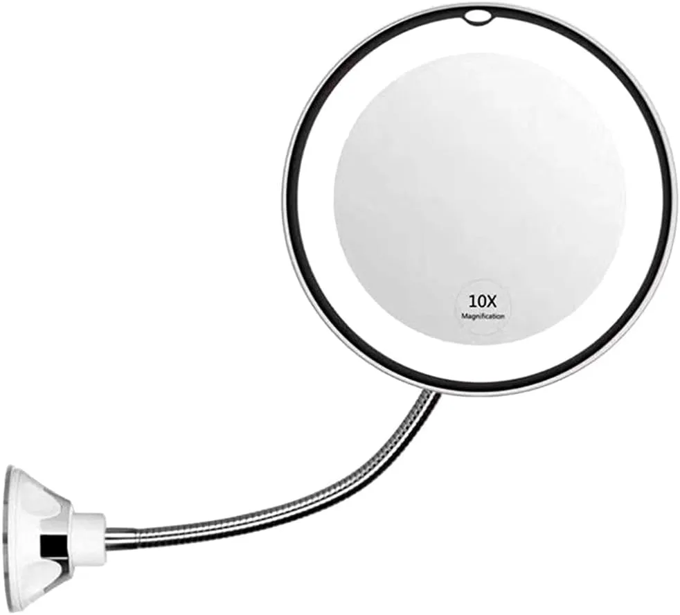 LED Makeup Mirror, Flexible Magnifying Mirror with LED Light, 10X Magnification, 360° Swivel, Wall Mounted Bathroom Mirror, Makeup Mirror with Gooseneck and Suction Cup (White)