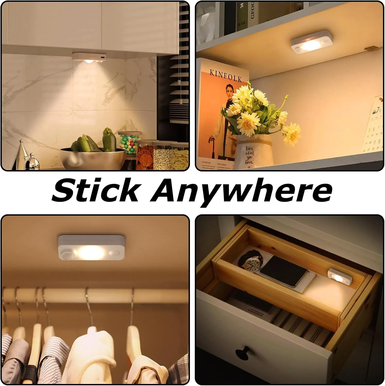 LED Motion Sensor Puck Lights, Rechargeable Cabinet Lights, Stick on Wireless LED Night Light for Closet, Drawer, Shelf, Under Cabinet, Warm White 6Pack, USB Charging Cord Included