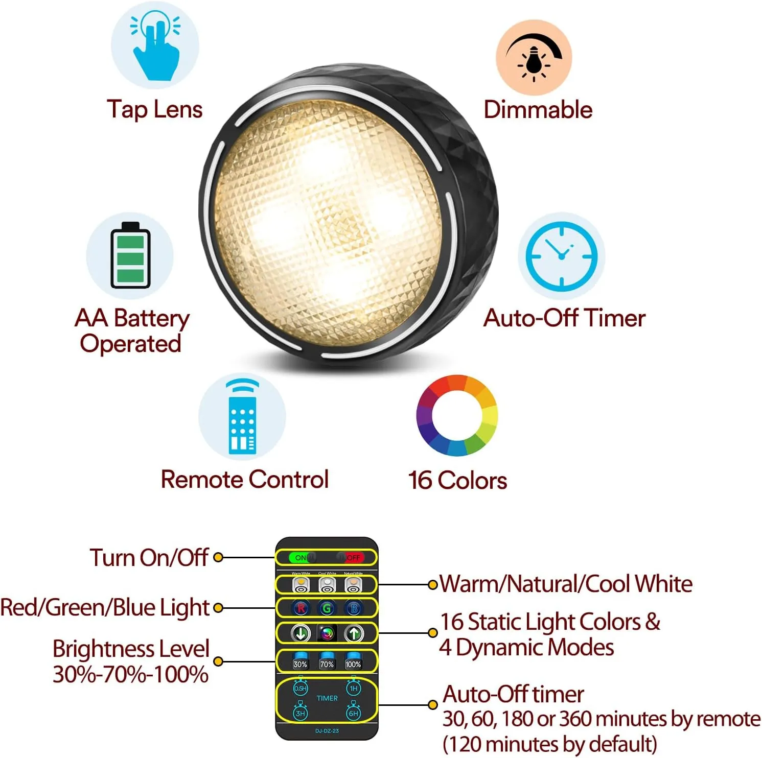LED Puck Lights with Remote Control, Battery Operated Wireless Closet Light, Under Cabinet Lighting Stick on Tap Push Lights, Color Changing Under Counter Light for Kitchen, 6 Pack - Black