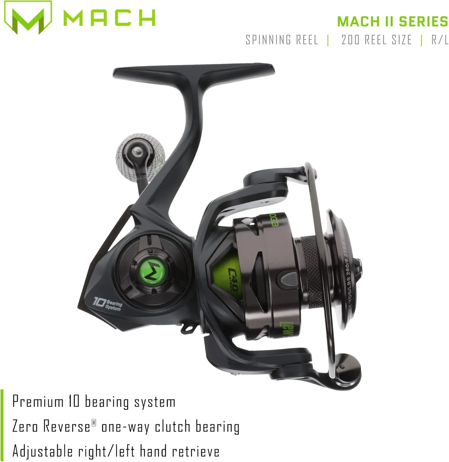 Lew's Mach 2 Spinning Fishing Reel, 9 1 Stainless Steel Ball Bearings, 6.2:1 Gear Ratio, Right or Left-Hand Retrieve, Black/Green