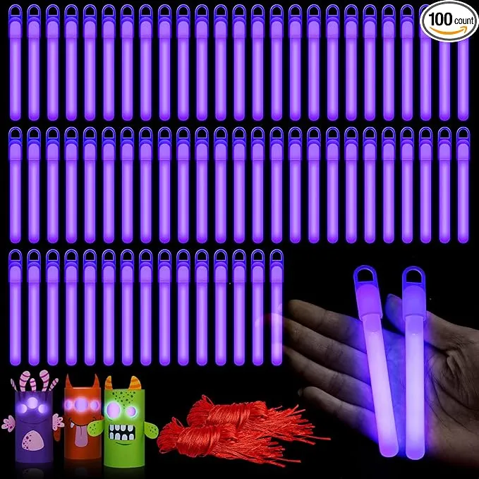 Lewtemi 100 Pack 4'' Halloween Glow Sticks Bulk Light Sticks with Lanyard Individually Wrapped Tactical Military Emergency Glow Stick Party Favors for Halloween, Camping, Hiking, Party