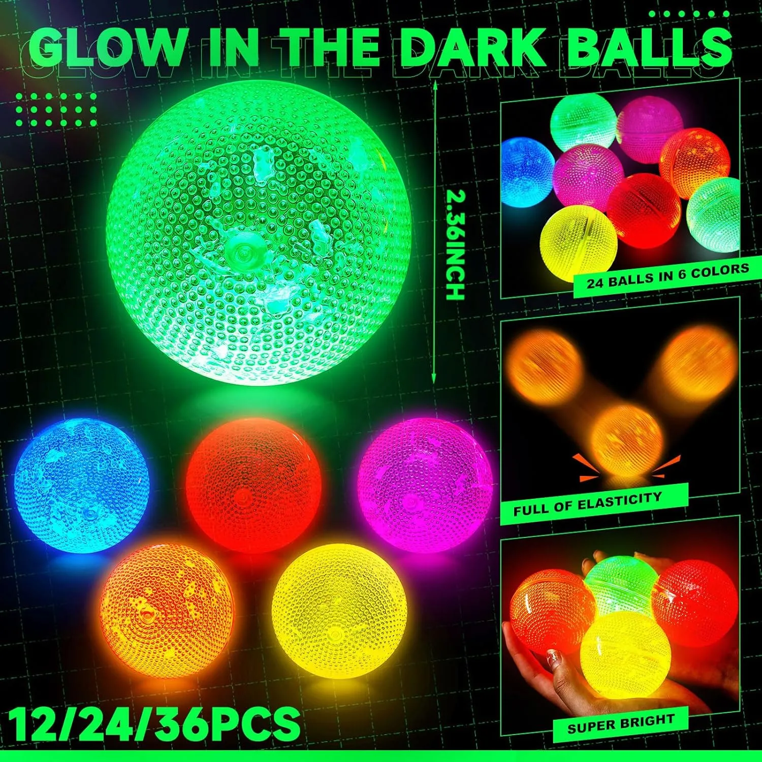 Lewtemi 24 Pcs Glow in The Dark Balls Bulk Lighted Glowing Bouncy Rubber Stick Balls Supplies for Carnival Valentine Birthday Goodie Bag Fillers
