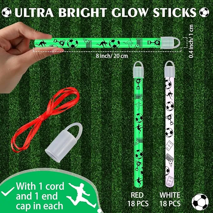 Libima 36 Set 8 Inch soccer Glow Sticks Necklaces with End Caps and Lanyards Bright Glow in the Dark Sticks White Green Hanging Wands for Sports Game Favors Camping