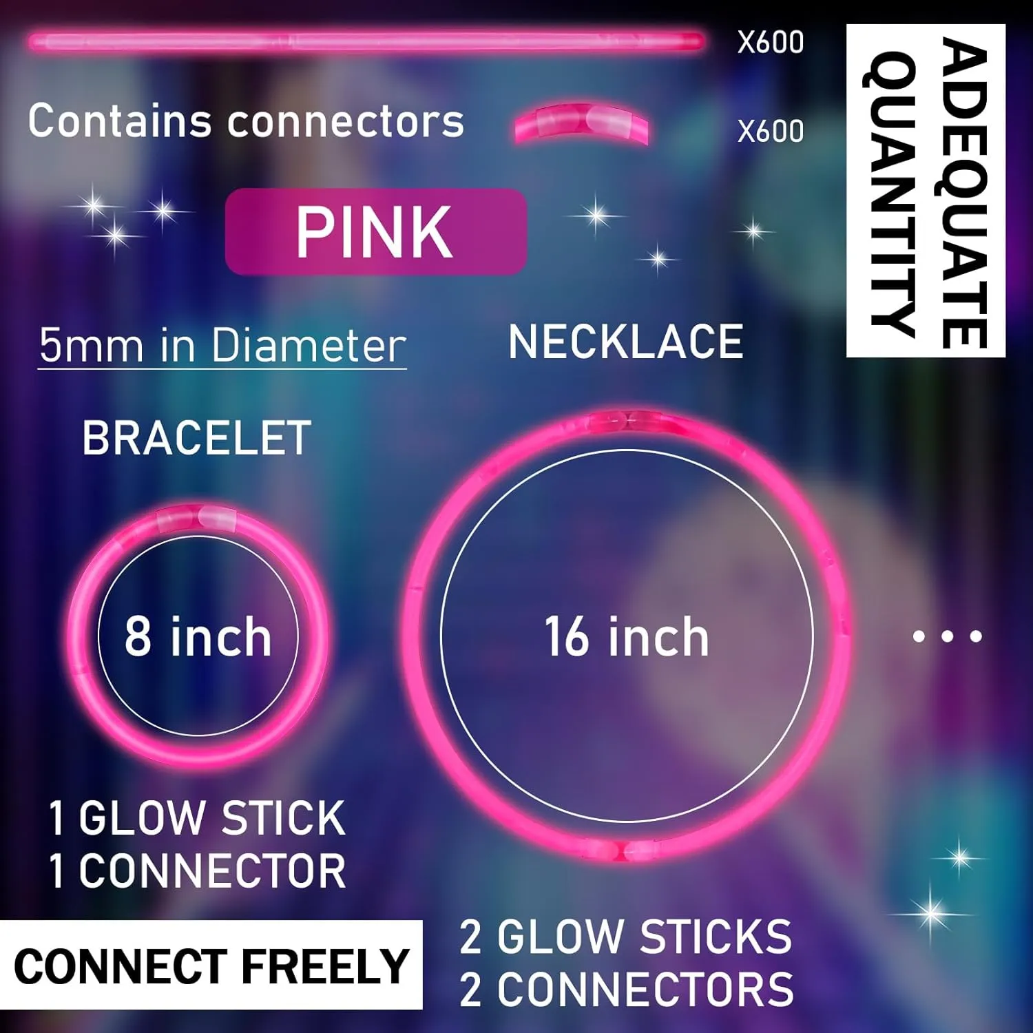 Libima 600 Pcs Glow Sticks Bulk with 600 Connectors 8 Inch Glow Stick Necklaces Glow Stick Bracelets Bulk Glow in the Dark Party Supplies for Easter Christmas New Year (Pink)