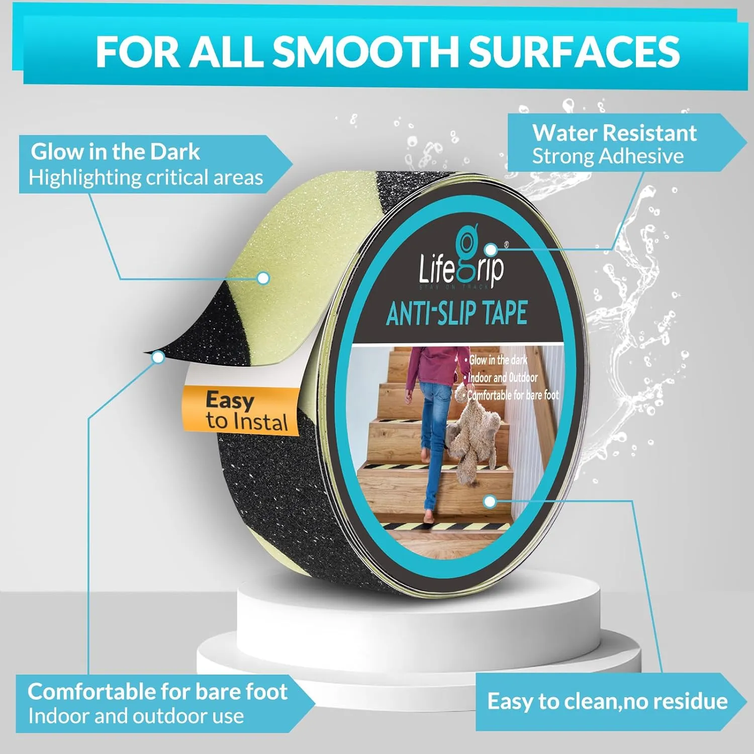 LifeGrip Anti Slip Tape, Glow in the Dark, 2” x 38Ft, Non-Slip Traction Waterproof Grip Tape, Indoor/Outdoor, Safety Non Skid Roll for Tubs, Boats, Stairs, Soft, Comfortable for Bare feet, Green/Black