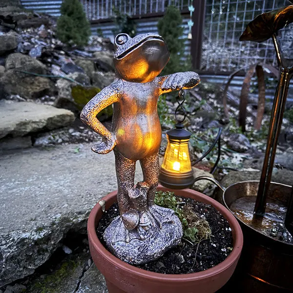 Light Up LED Aged Bronze Frog with Lantern
