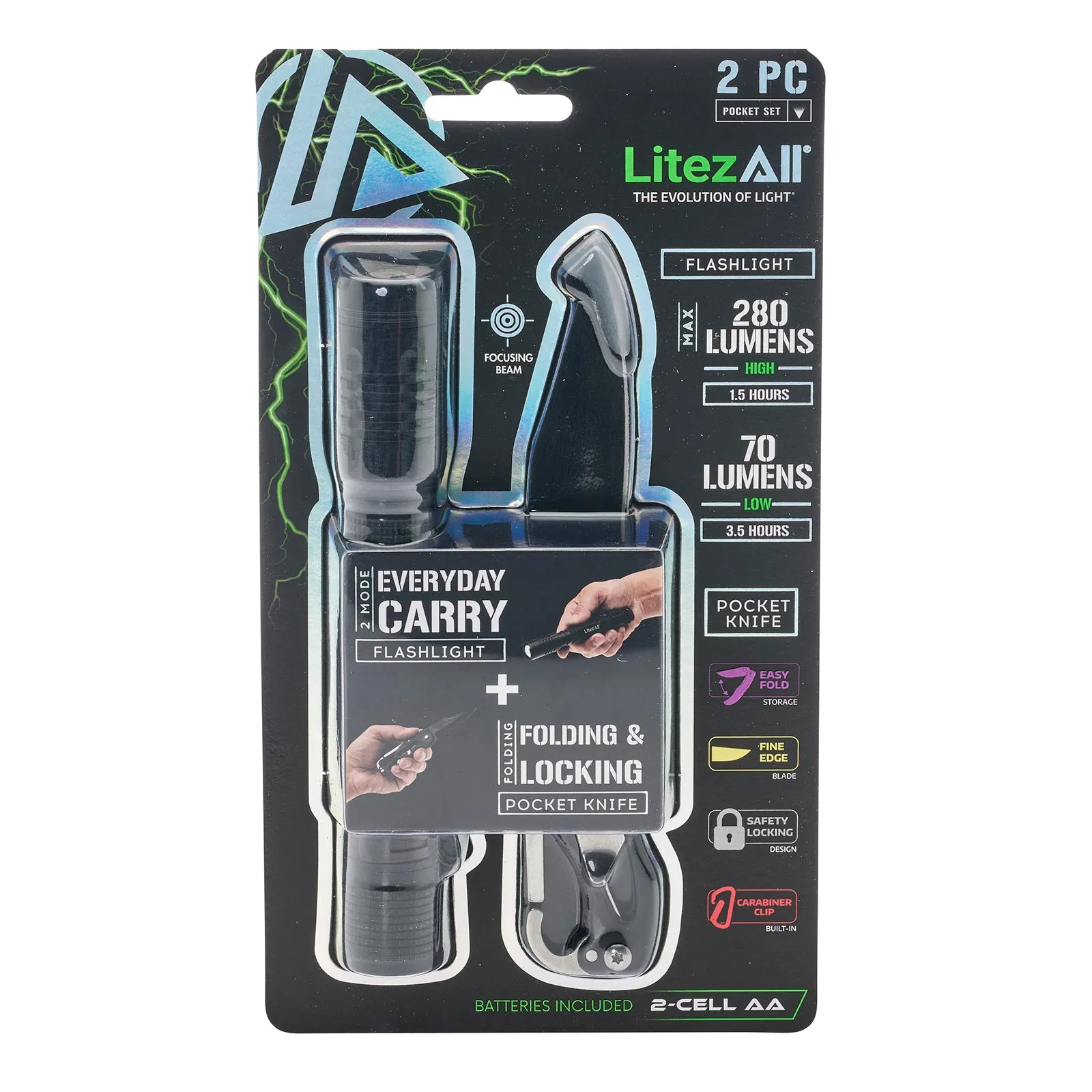 LitezAll 280 Lumen Tactical Flashlight and Pocket Knife Combo