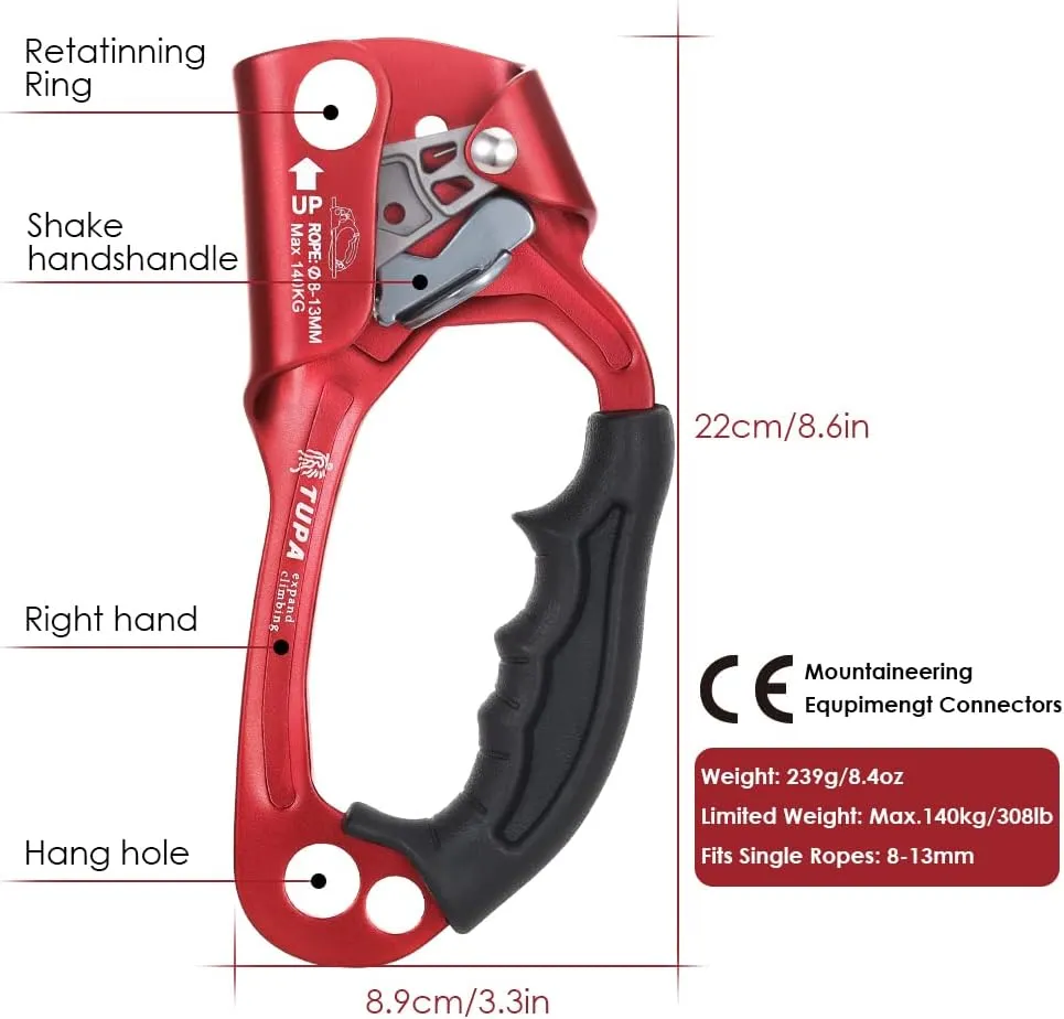 Lixada Climbing Hand Ascender 8-13mm Vertical Rope Access with Ergonomic Rubber Handle CE Certified Strong Rappelling Gear Equipment for Rock Climbing Tree Arborist, Rescue Caving