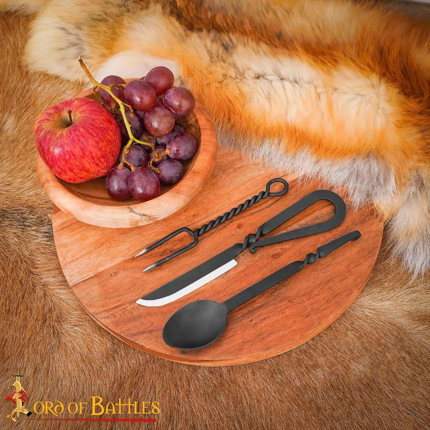 Lord of Battles Medieval Cutlery Set Functional Camp Gear Rustic Viking Cutlery Set | Pack of Medieval Knife, Fork, Spoon | Handforged Feasting Set (Stainless Steel with Leather)