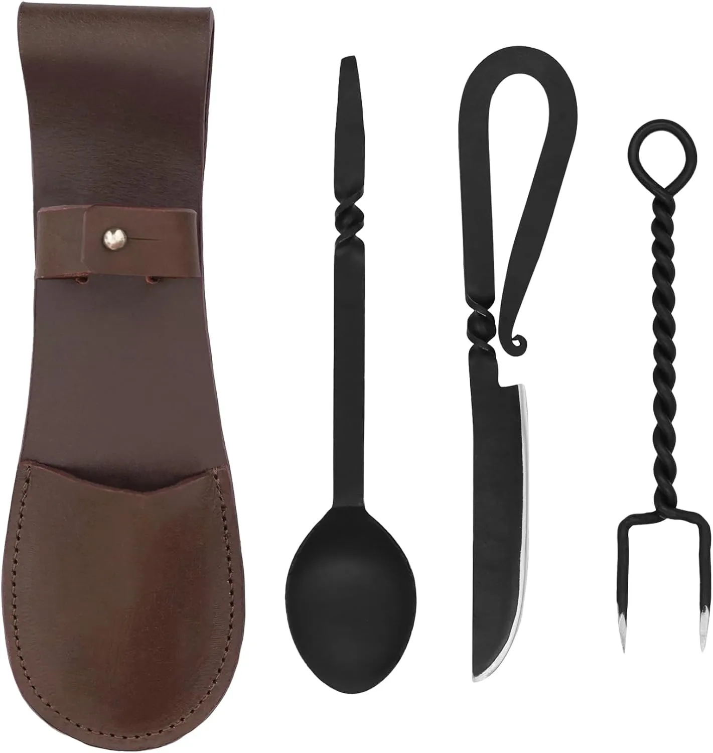 Lord of Battles Medieval Cutlery Set Functional Camp Gear Rustic Viking Cutlery Set | Pack of Medieval Knife, Fork, Spoon | Handforged Feasting Set (Stainless Steel with Leather)