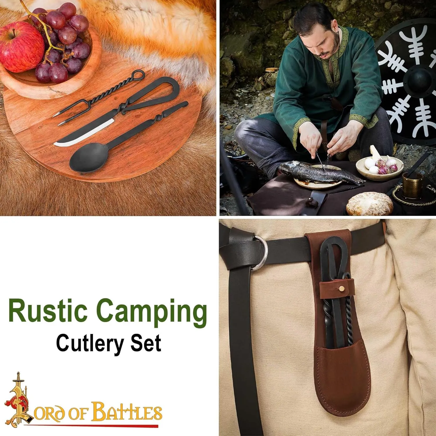 Lord of Battles Medieval Cutlery Set Functional Camp Gear Rustic Viking Cutlery Set | Pack of Medieval Knife, Fork, Spoon | Handforged Feasting Set (Stainless Steel with Leather)