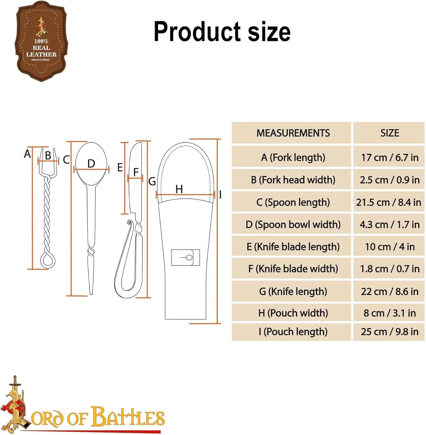 Lord of Battles Medieval Cutlery Set Functional Camp Gear Rustic Viking Cutlery Set | Pack of Medieval Knife, Fork, Spoon | Handforged Feasting Set (Stainless Steel with Leather)