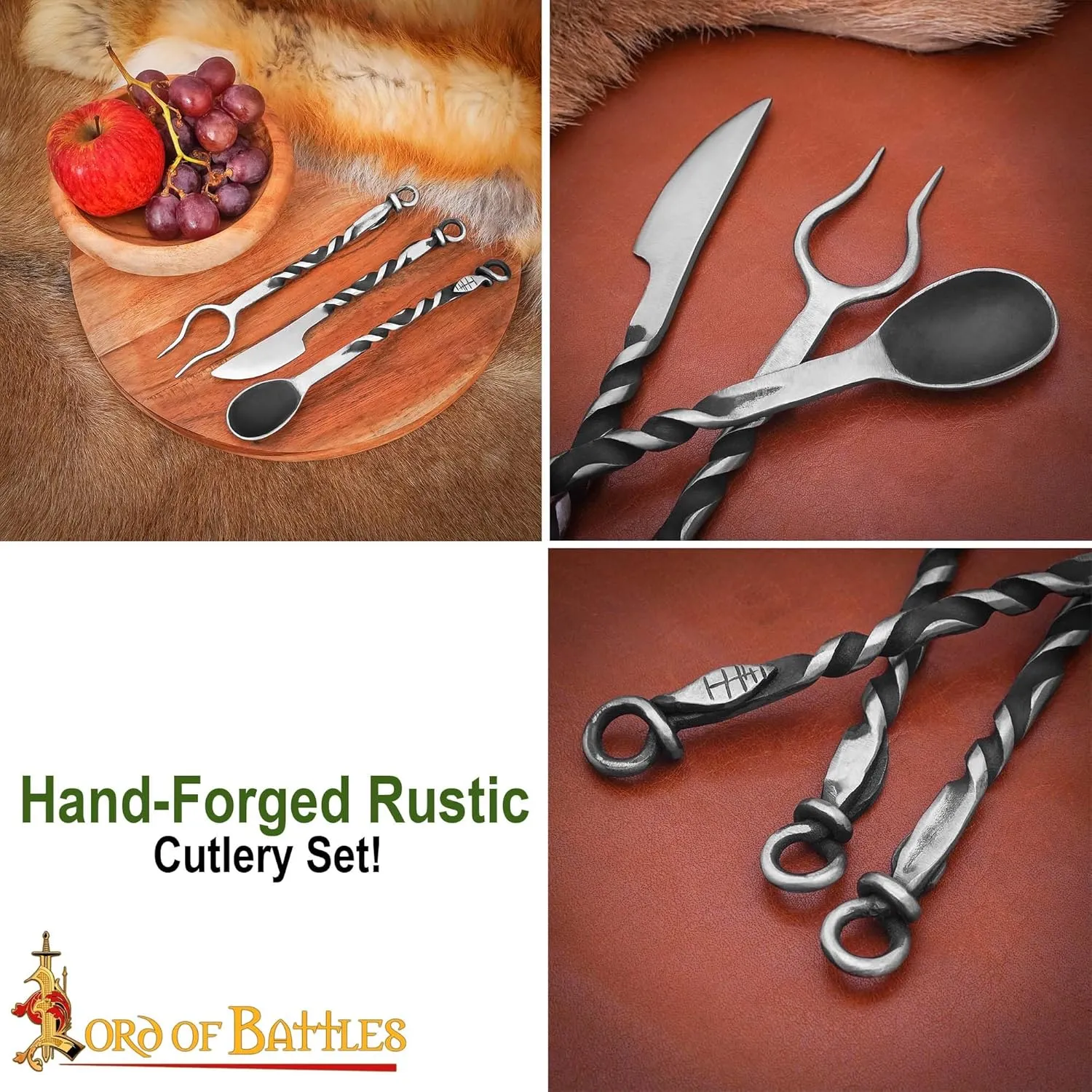 Lord of Battles Medieval Cutlery Set Functional Camp Gear Rustic Viking Cutlery Set | Pack of Medieval Knife, Fork, Spoon | Handforged Feating Set (Mild Steel)