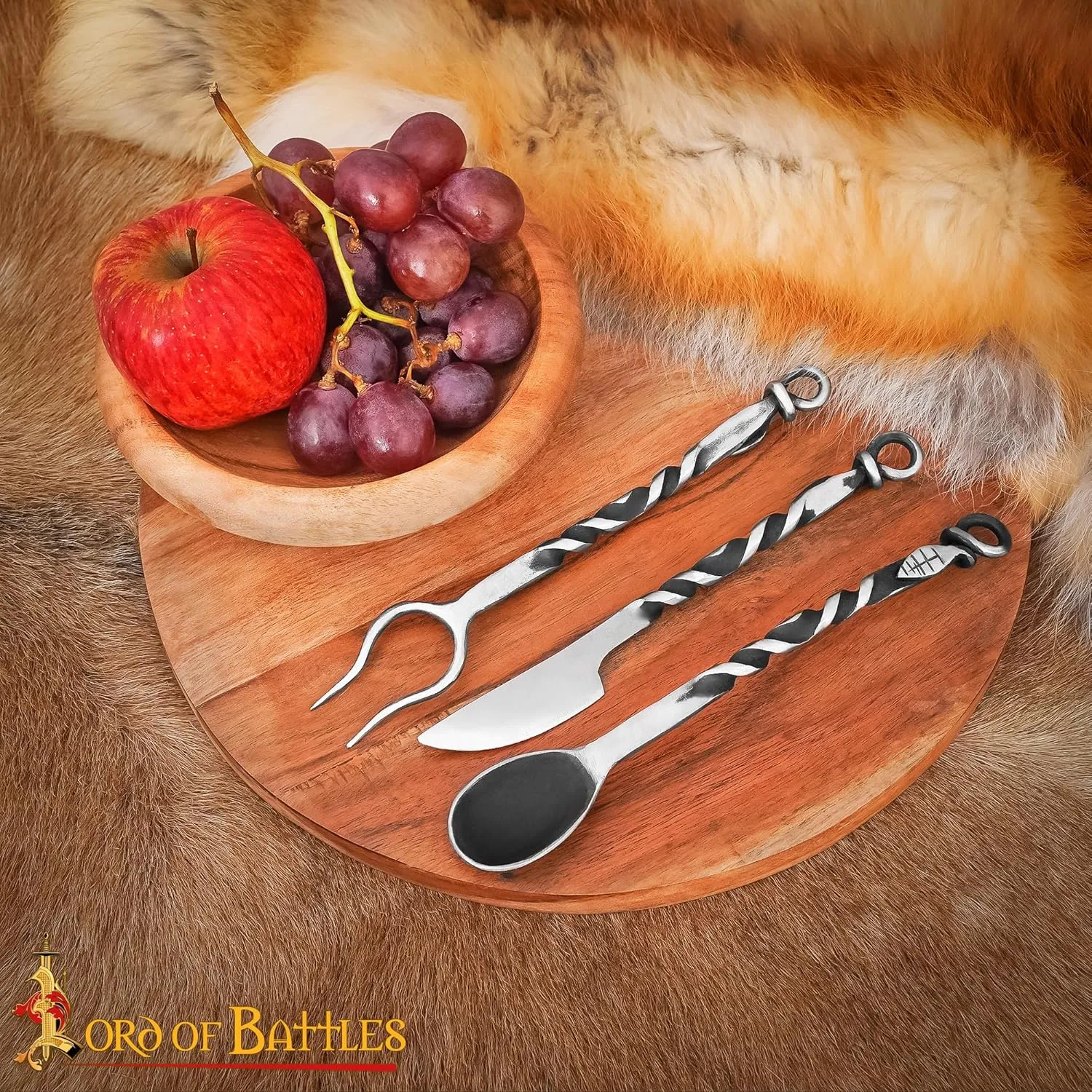 Lord of Battles Medieval Cutlery Set Functional Camp Gear Rustic Viking Cutlery Set | Pack of Medieval Knife, Fork, Spoon | Handforged Feating Set (Mild Steel)