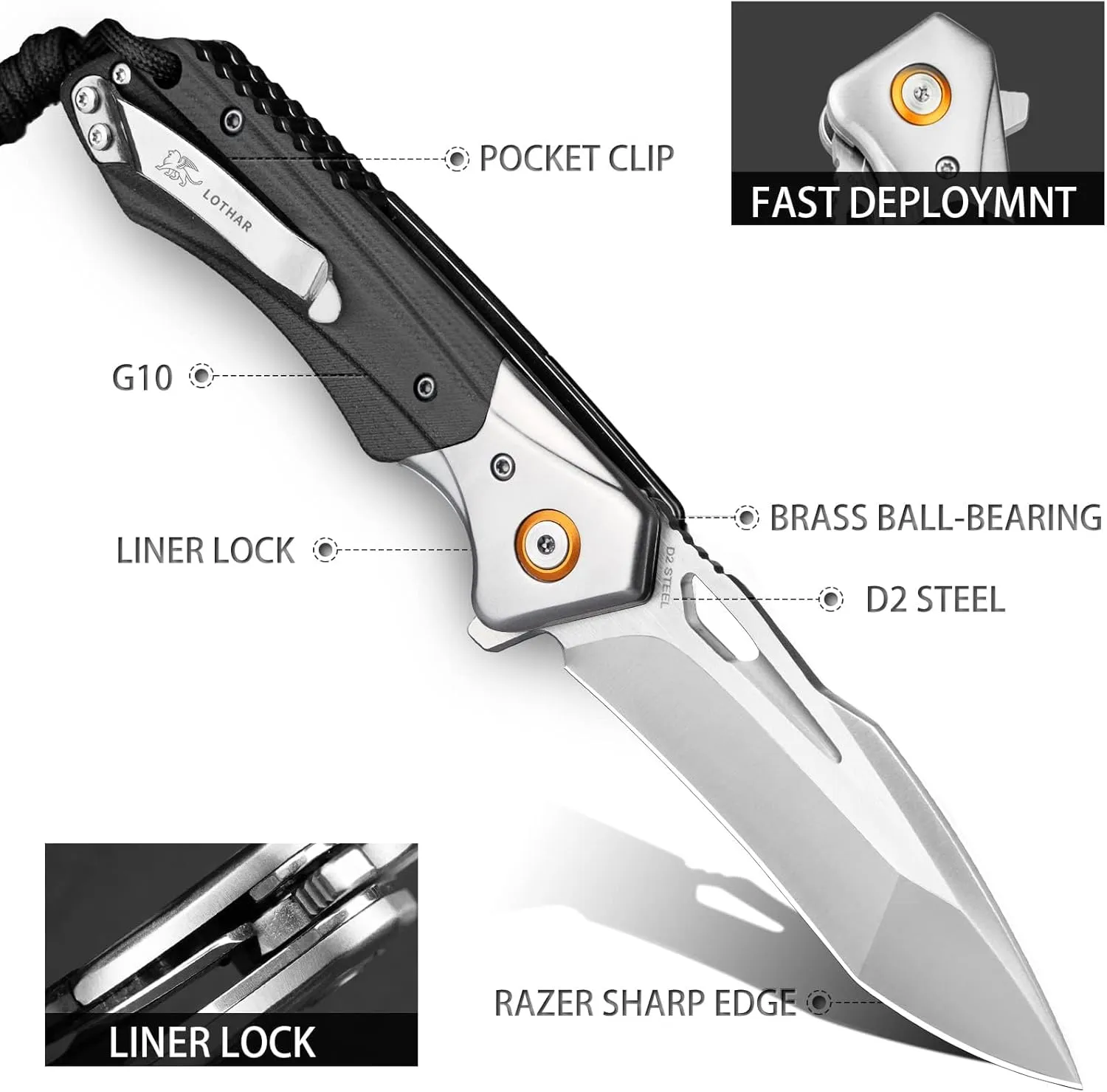 LOTHAR LICH KING Pocket Knife, 3.5 Inch D2 Steel Folding Knife with Clip, G10 Handle, Exotic Touch EDC Knife, Gifts Pocket Knife for Men Women