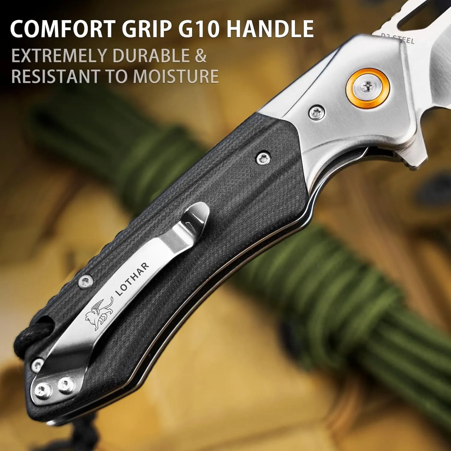 LOTHAR LICH KING Pocket Knife, 3.5 Inch D2 Steel Folding Knife with Clip, G10 Handle, Exotic Touch EDC Knife, Gifts Pocket Knife for Men Women