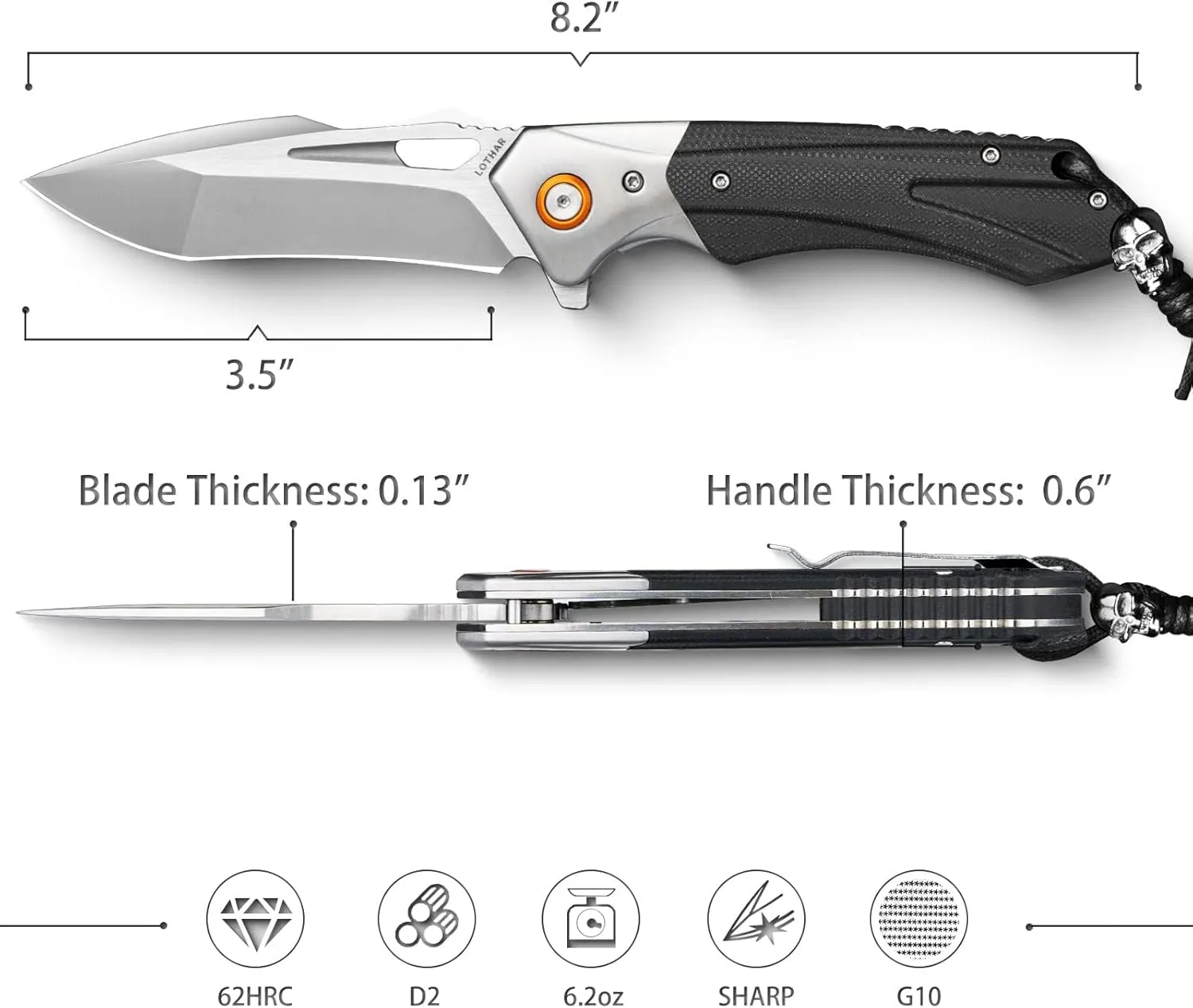 LOTHAR LICH KING Pocket Knife, 3.5 Inch D2 Steel Folding Knife with Clip, G10 Handle, Exotic Touch EDC Knife, Gifts Pocket Knife for Men Women
