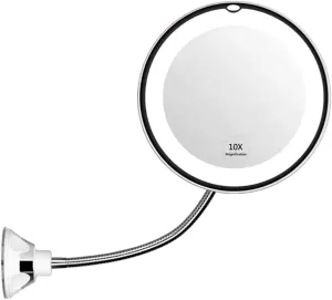 Lseqow Makeup Mirror with LED Light, Flexible Makeup Mirror with Suction Cup Swivel 360 Degree Gooseneck 10X Magnifying Mirror for Travel and Home Bathroom Vanity Mirror (Without Batteries)