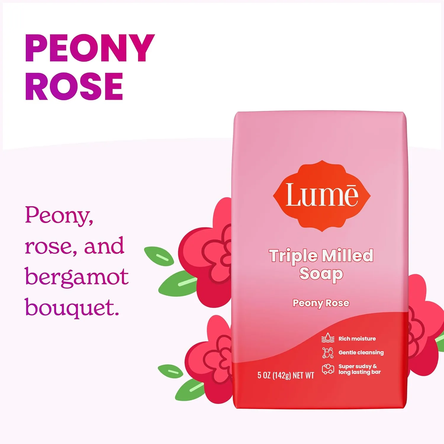 Lume Whole Body Deodorant And Soap - 2.6 Ounce Smooth Solid Stick With 72 Hour Odor Control (Pack of 2) and 5 Ounce Triple Milled Soap (Pack of 2) - Aluminum and Baking Soda Free (Peony Rose)
