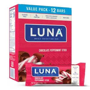 LUNA Bar - Chocolate Peppermint Stick Flavor - Snack Bars - Non-GMO - Gluten-Free Protein Bars - Made with Organic Oats (12 Pack)