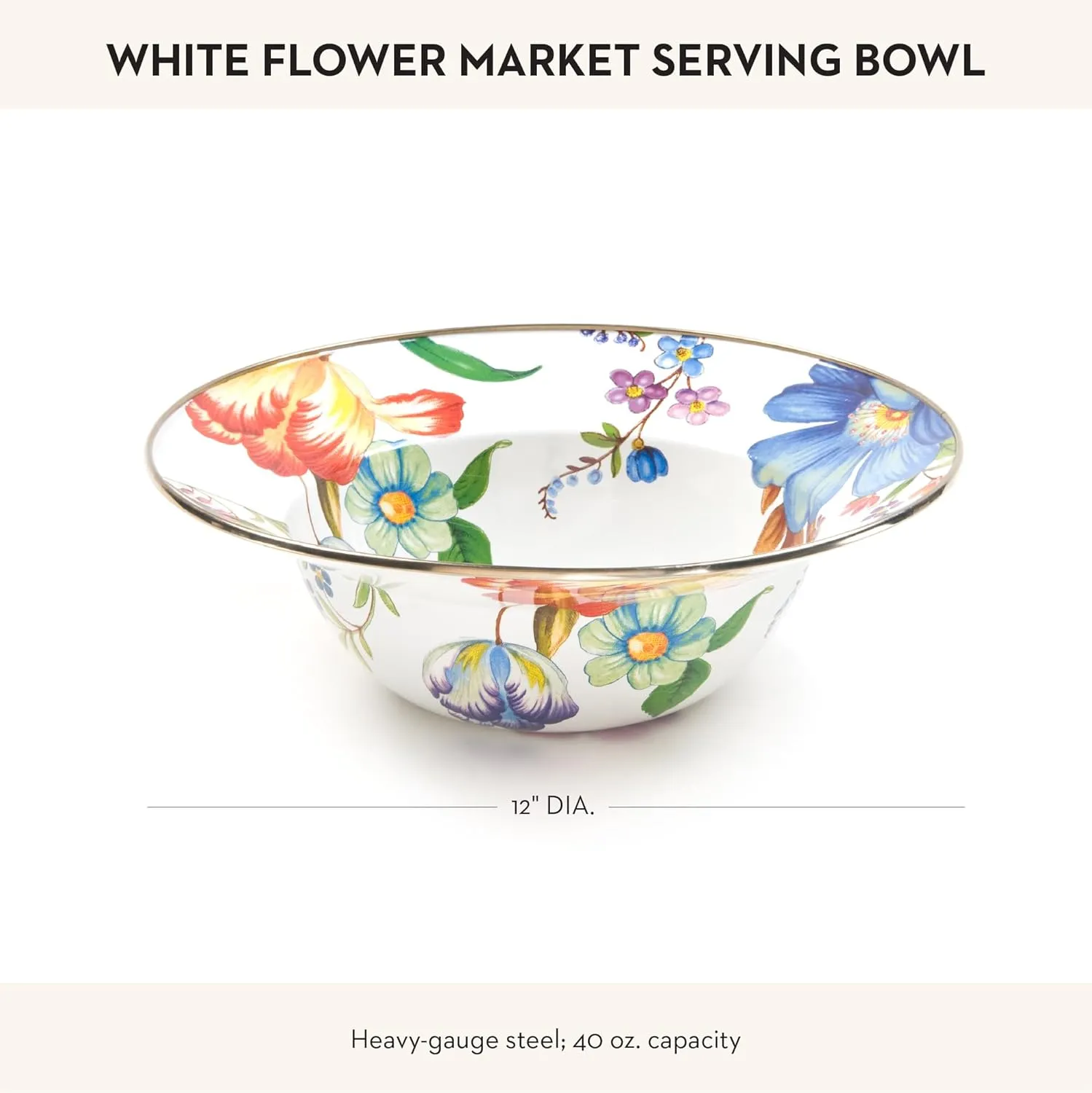 MACKENZIE-CHILDS Enamel Serving Bowl, Enamel Serveware Bowl, 12 Inches, White Flower Market
