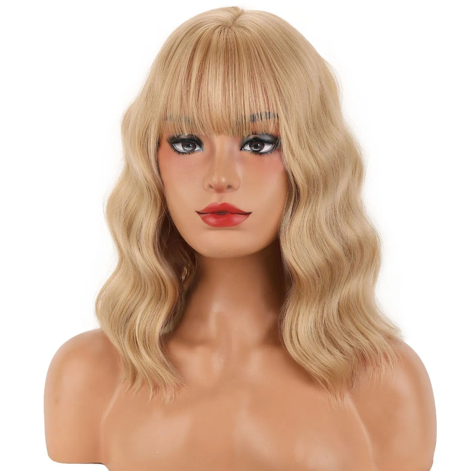 MAGQOO Blonde Wig for Women Ash Blonde Wig Short Curly Wavy Hair Wigs Blonde Wig with Bangs Synthetic Halloween Costume Cosplay Wigs