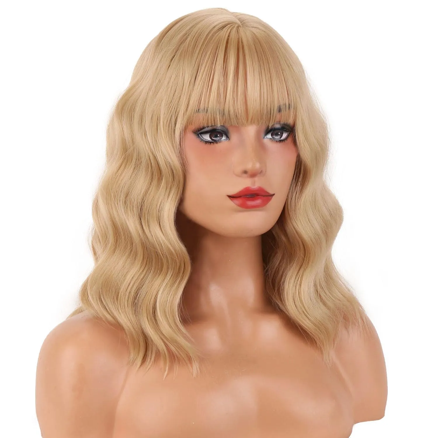 MAGQOO Blonde Wig for Women Ash Blonde Wig Short Curly Wavy Hair Wigs Blonde Wig with Bangs Synthetic Halloween Costume Cosplay Wigs