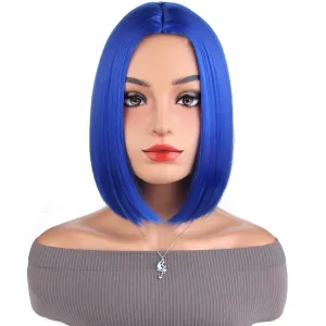 MAGQOO Blue Wig Blue Bob Side Part 10 Inches Women Girls Short Straight Wig Blue Hair Wigs Synthetic Heat Resistant Cosplay Costume Party Wigs