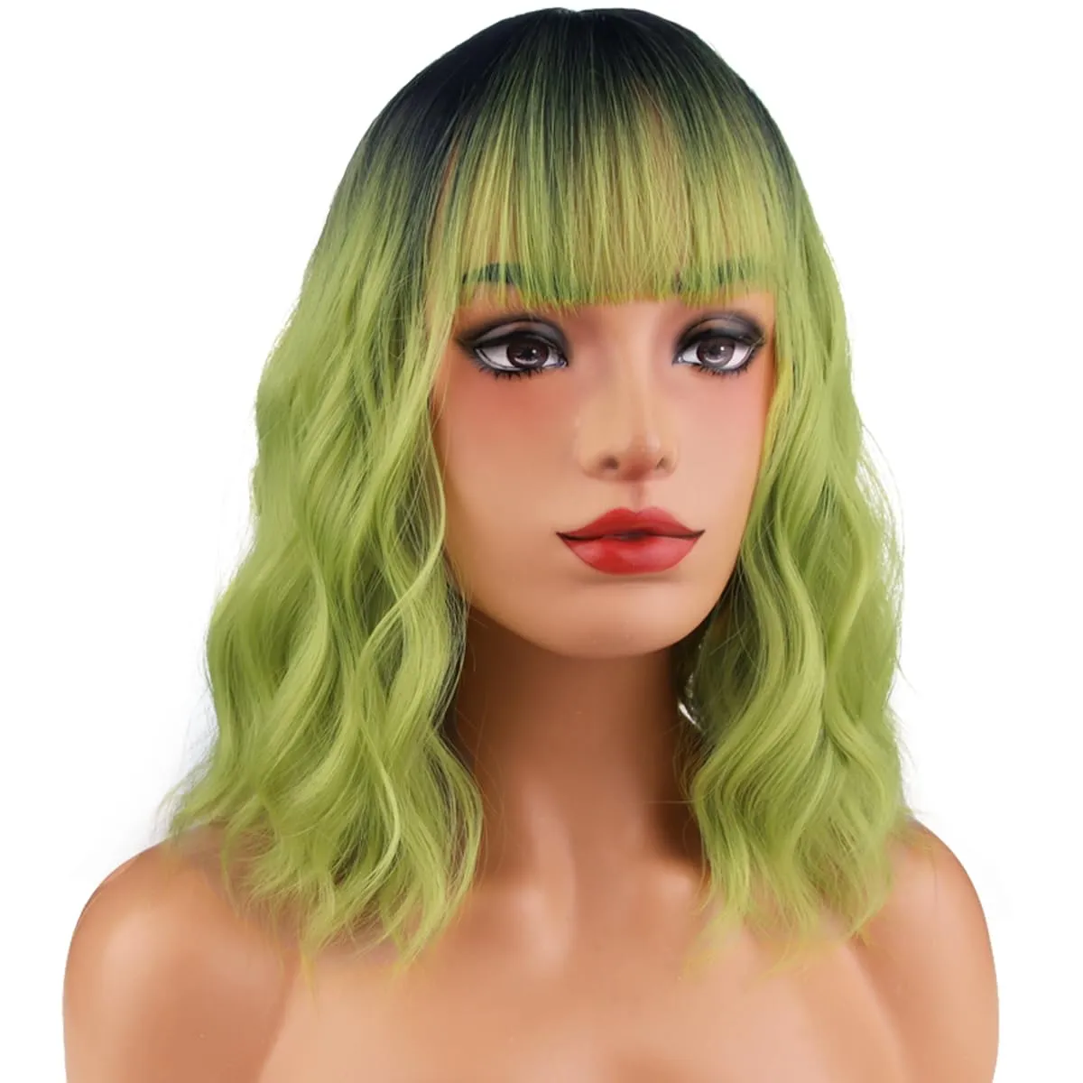MAGQOO Green Wigs for Women Girls Matcha Green Wig Short Curly Wavy Wig with Bangs Synthetic Heat Resistant Halloween Cosplay Costume