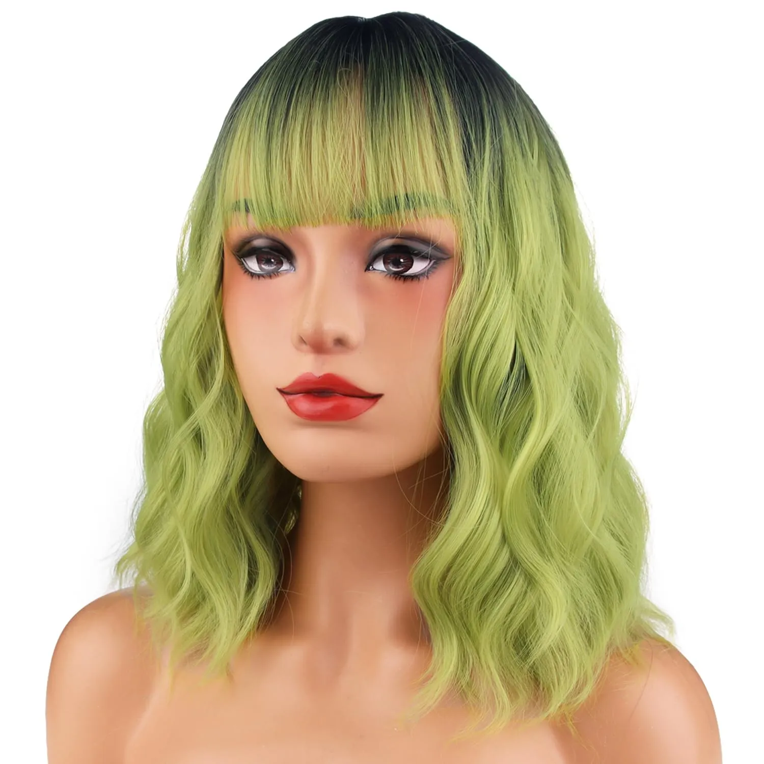 MAGQOO Green Wigs for Women Girls Matcha Green Wig Short Curly Wavy Wig with Bangs Synthetic Heat Resistant Halloween Cosplay Costume