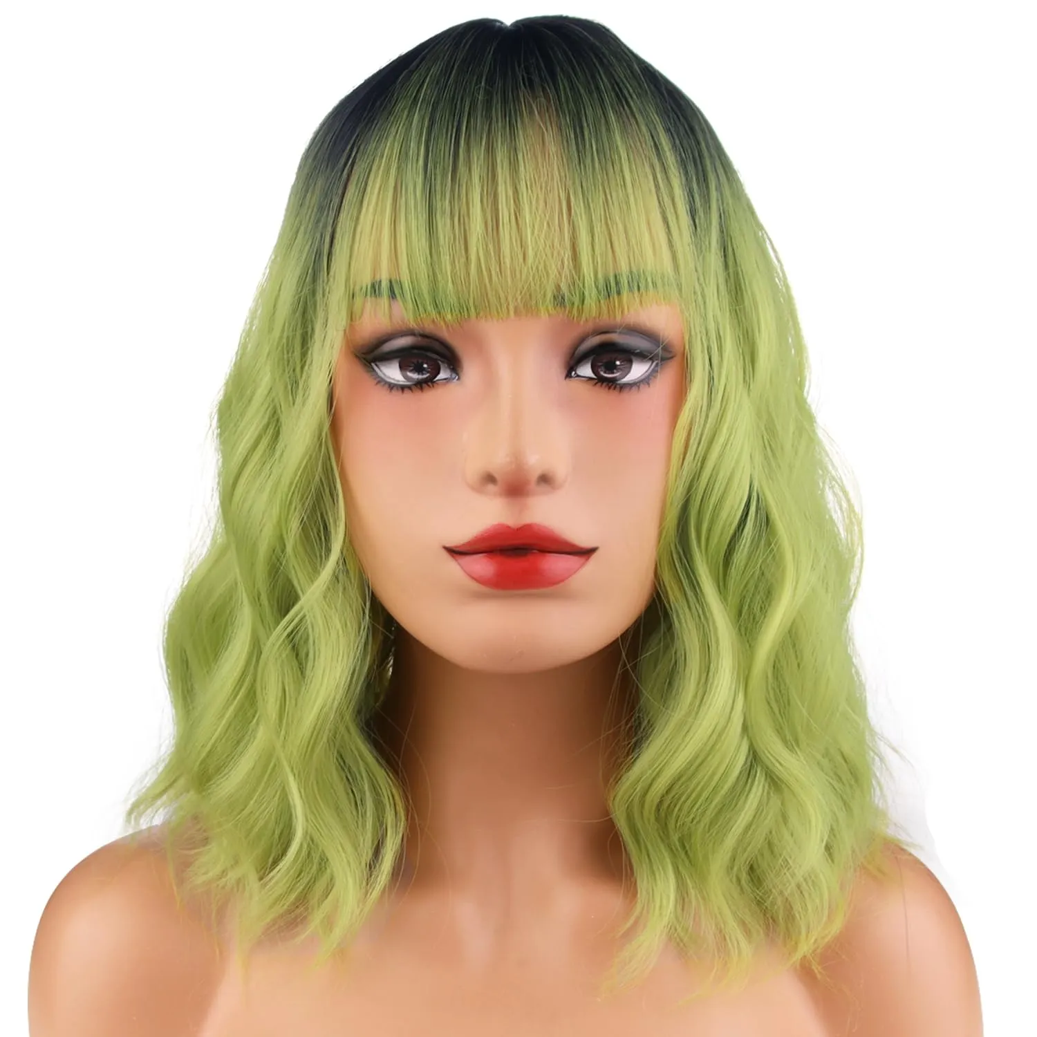 MAGQOO Green Wigs for Women Girls Matcha Green Wig Short Curly Wavy Wig with Bangs Synthetic Heat Resistant Halloween Cosplay Costume