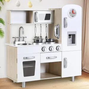 MAMIZO Kids Kitchen Playset, Preschool Cooking Kitchen, Toddler Wooden Pretend Play Toy w/Fridge, Stove, Cookware Utensil, Phone, Clock, Water Dispenser, Cabinet, Little Chef Toy Kitchen Set (White)