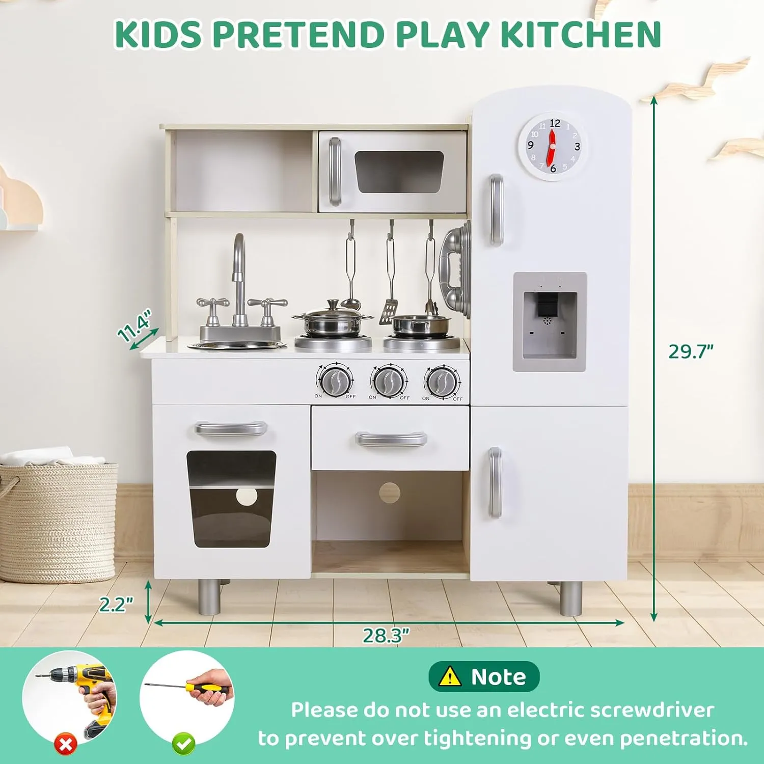MAMIZO Kids Kitchen Playset, Preschool Cooking Kitchen, Toddler Wooden Pretend Play Toy w/Fridge, Stove, Cookware Utensil, Phone, Clock, Water Dispenser, Cabinet, Little Chef Toy Kitchen Set (White)