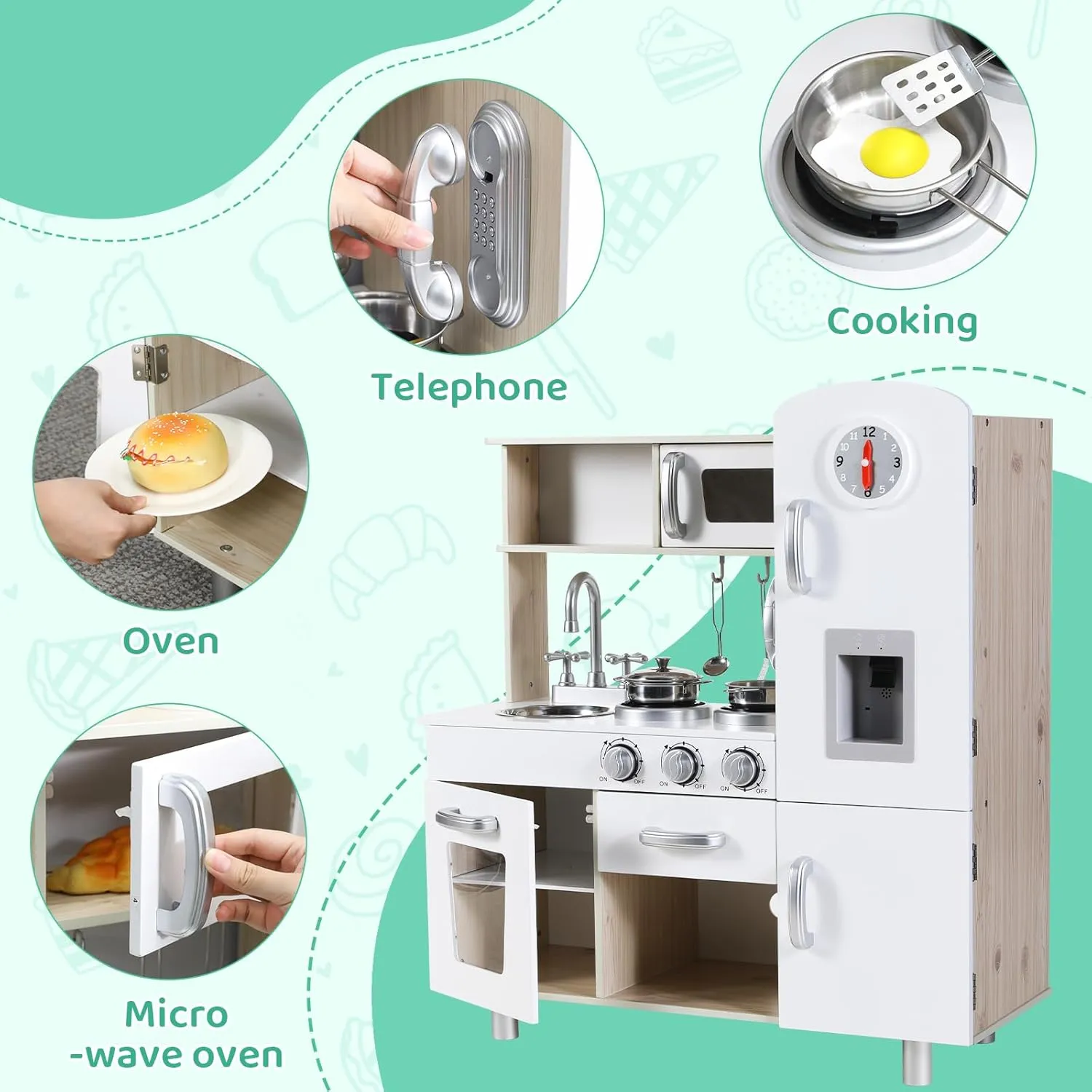MAMIZO Kids Kitchen Playset, Preschool Cooking Kitchen, Toddler Wooden Pretend Play Toy w/Fridge, Stove, Cookware Utensil, Phone, Clock, Water Dispenser, Cabinet, Little Chef Toy Kitchen Set (White)