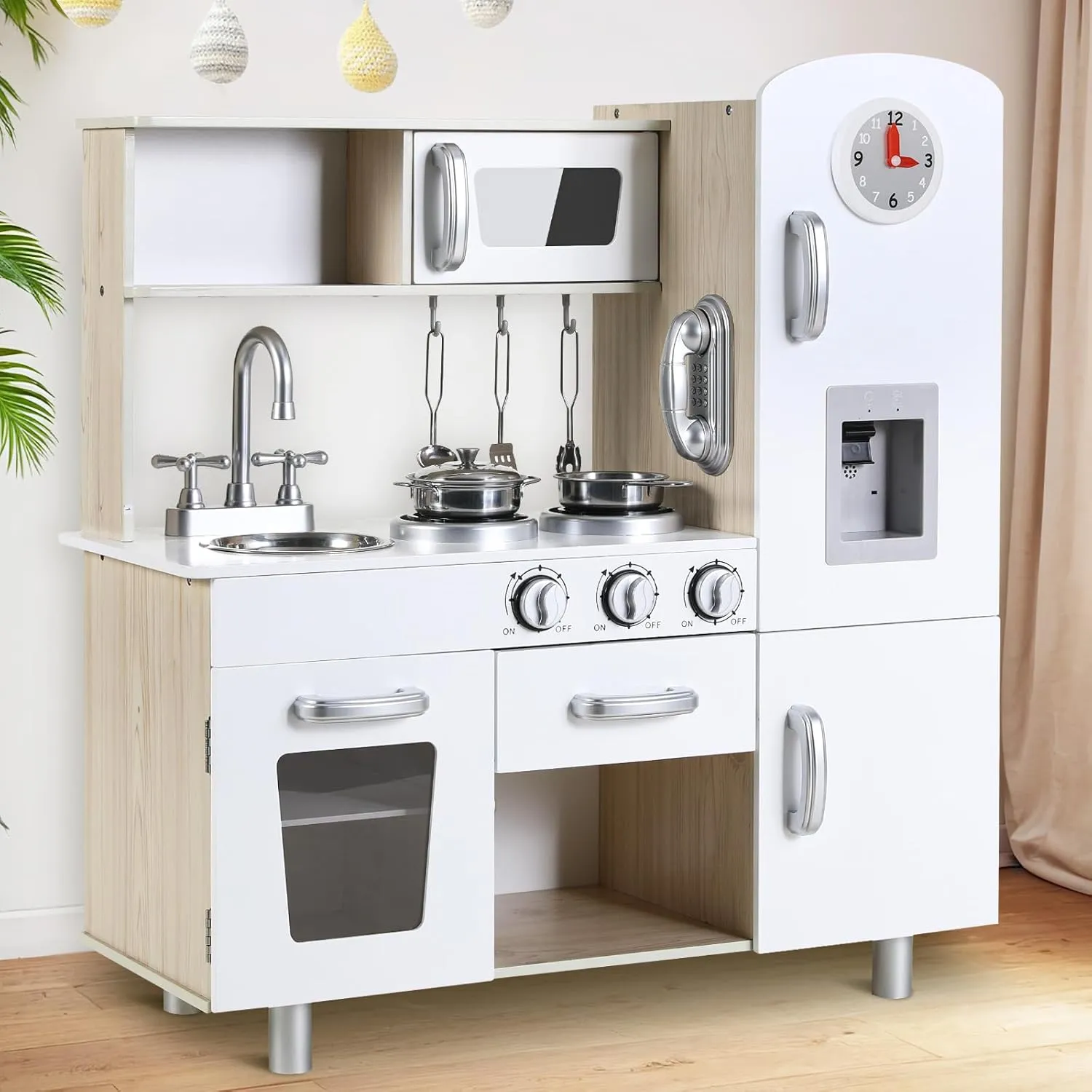 MAMIZO Kids Kitchen Playset, Preschool Cooking Kitchen, Toddler Wooden Pretend Play Toy w/Fridge, Stove, Cookware Utensil, Phone, Clock, Water Dispenser, Cabinet, Little Chef Toy Kitchen Set (White)