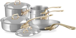 Mauviel M'Cook B 5-Ply Polished Stainless Steel 9-Piece Cookware Set With Brass Handles, Made In France
